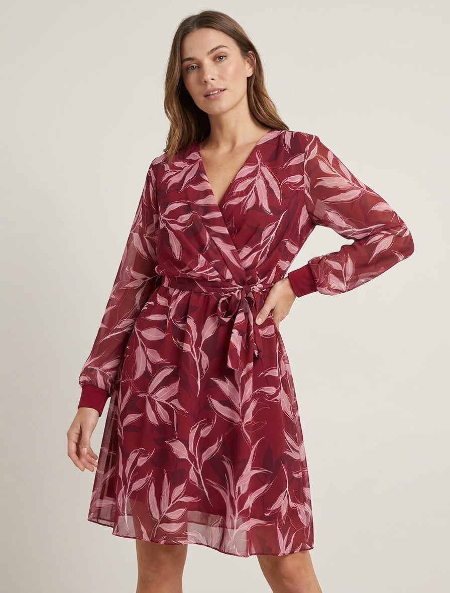 Vestido recto con estampado de follaje - Burdeos