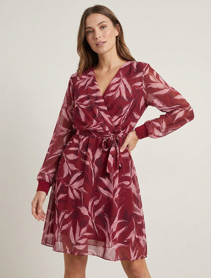 Vestido recto con estampado de follaje - Burdeos