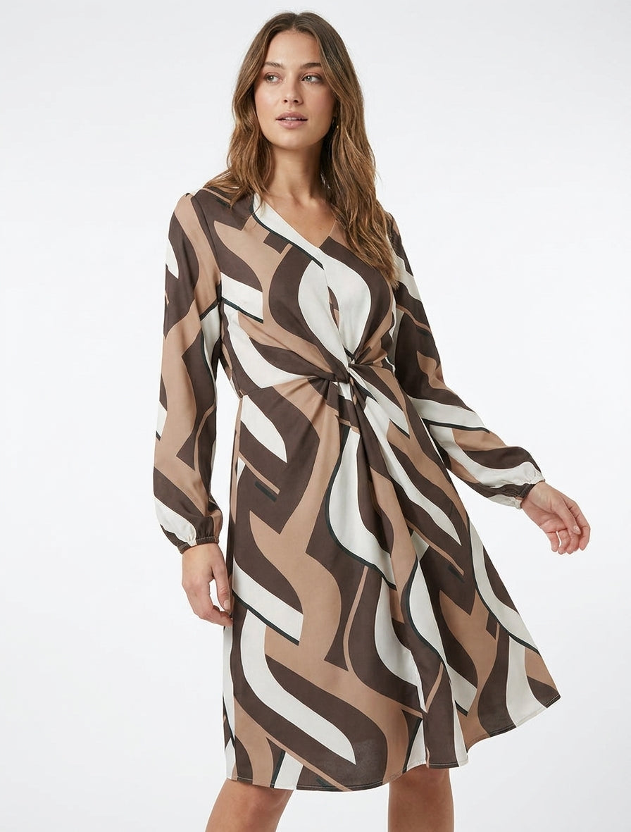 Vestido de manga larga con estampado gráfico - Marrón