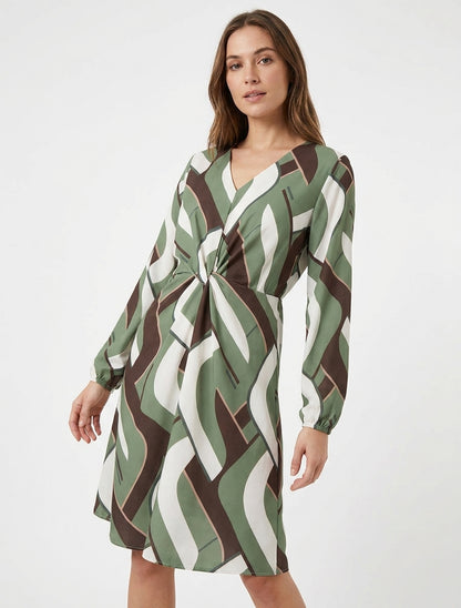 Vestido de manga larga con estampado gráfico - Caqui