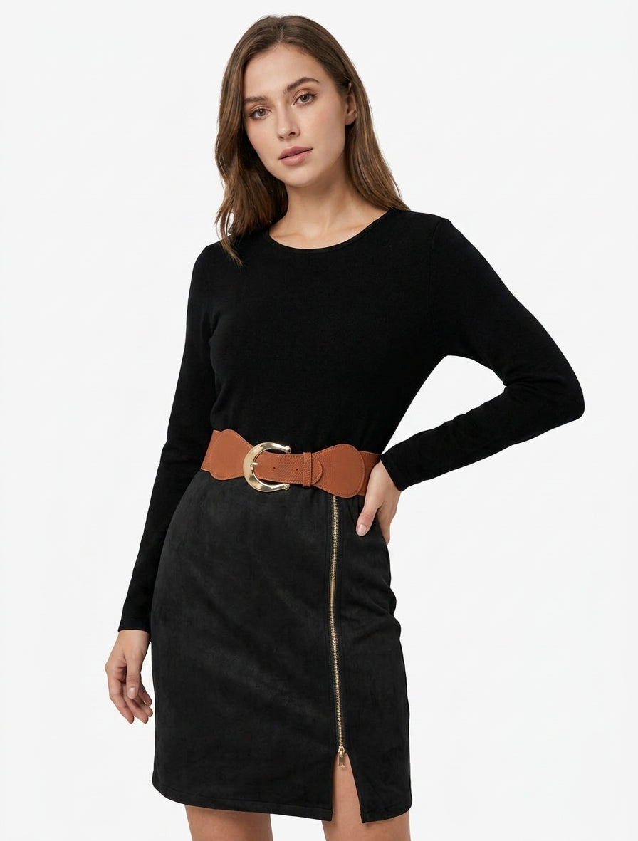 Vestido recto de punto y ante con mangas largas y cremallera - Negro