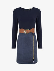 Robe droite en maille et suédine à manches longues et zip - Marine - 1