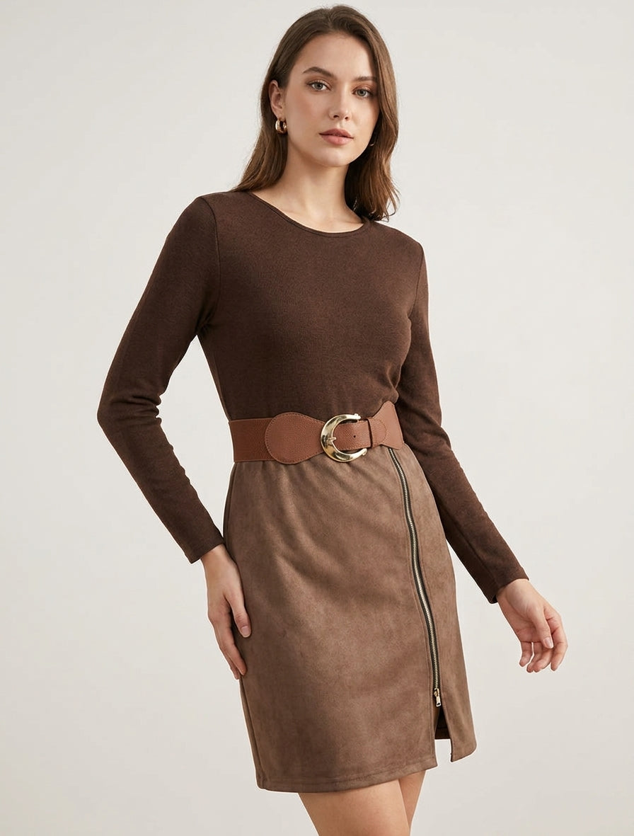 Vestido recto de punto y ante con mangas largas y cremallera - Marrón