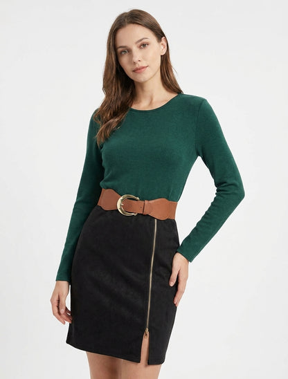 Vestido recto de punto y ante con mangas largas y cremallera - Verde oscuro