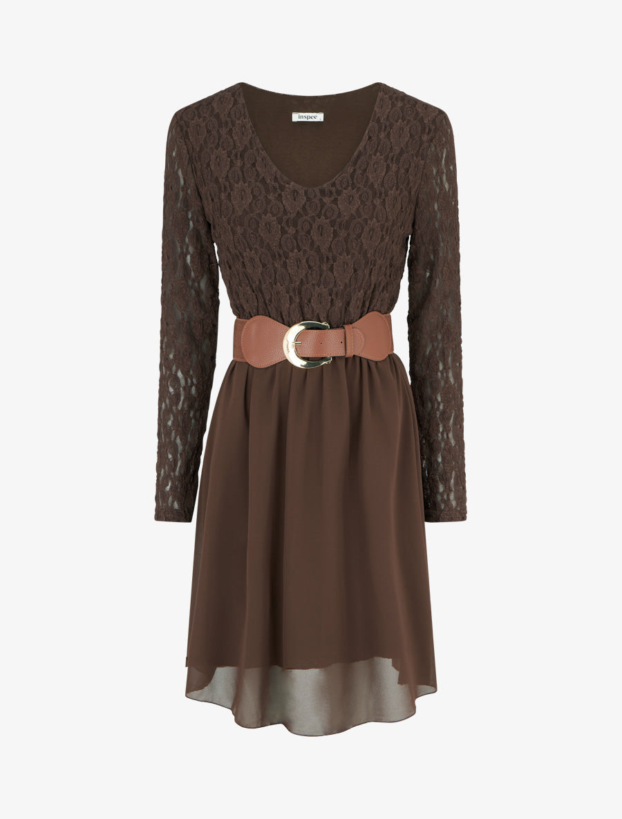 Robe évasée à buste en dentelle - Marron - 1