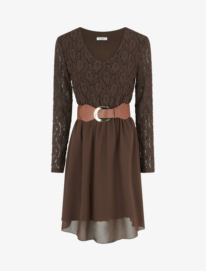 Robe évasée à buste en dentelle - Marron - 1