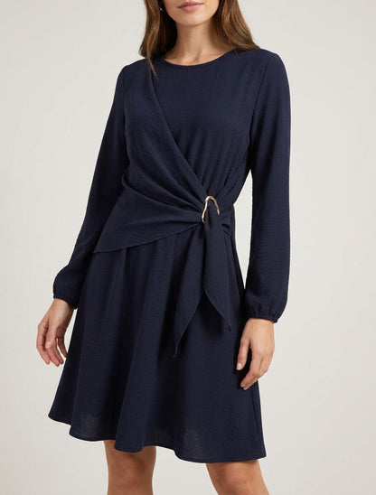 Vestido evasé de manga larga con panel drapeado y joya - Marine