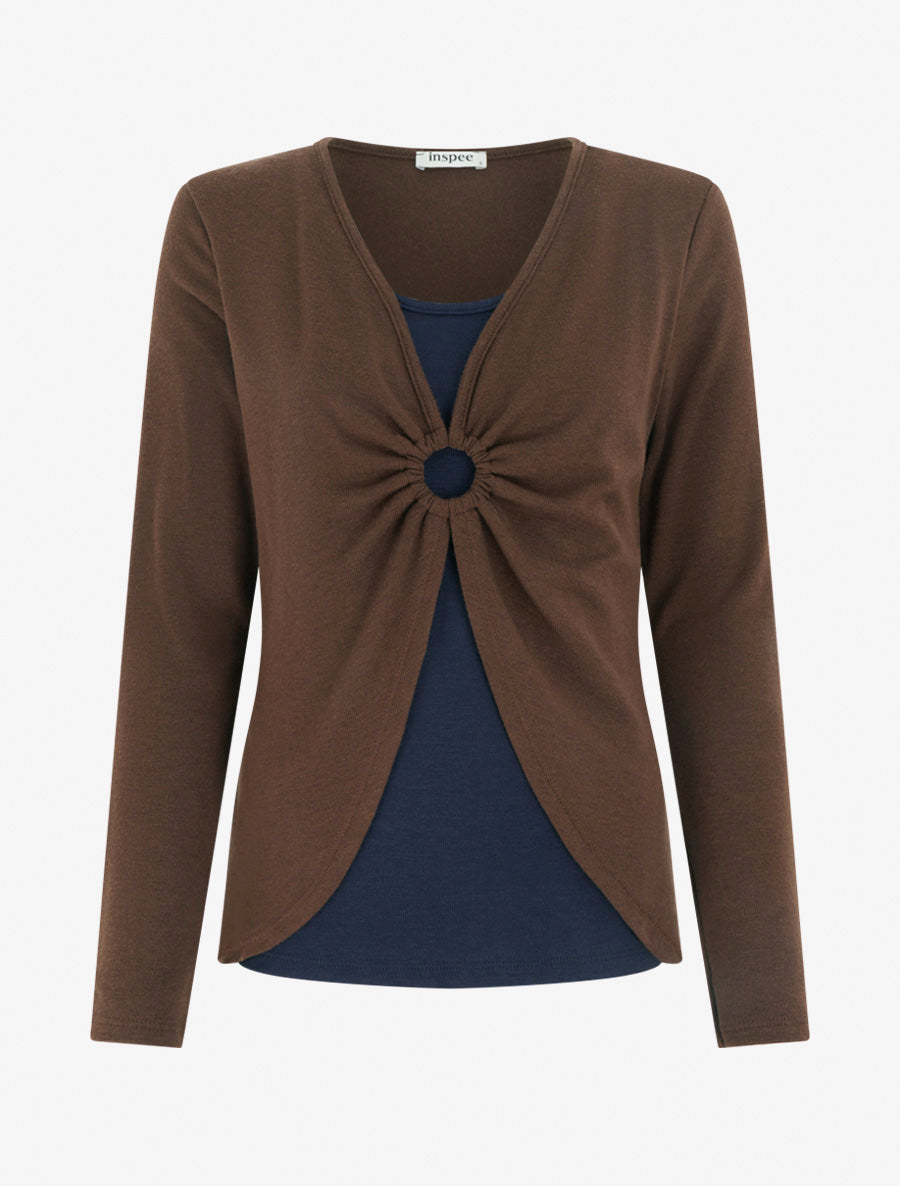 Pull fin style gilet à manches longues et anneau - Marron/marine - 1