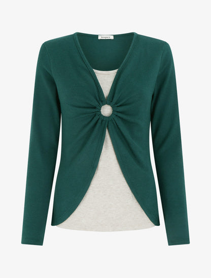 Pull fin style gilet à manches longues et anneau - Vert foncé/beige - 1