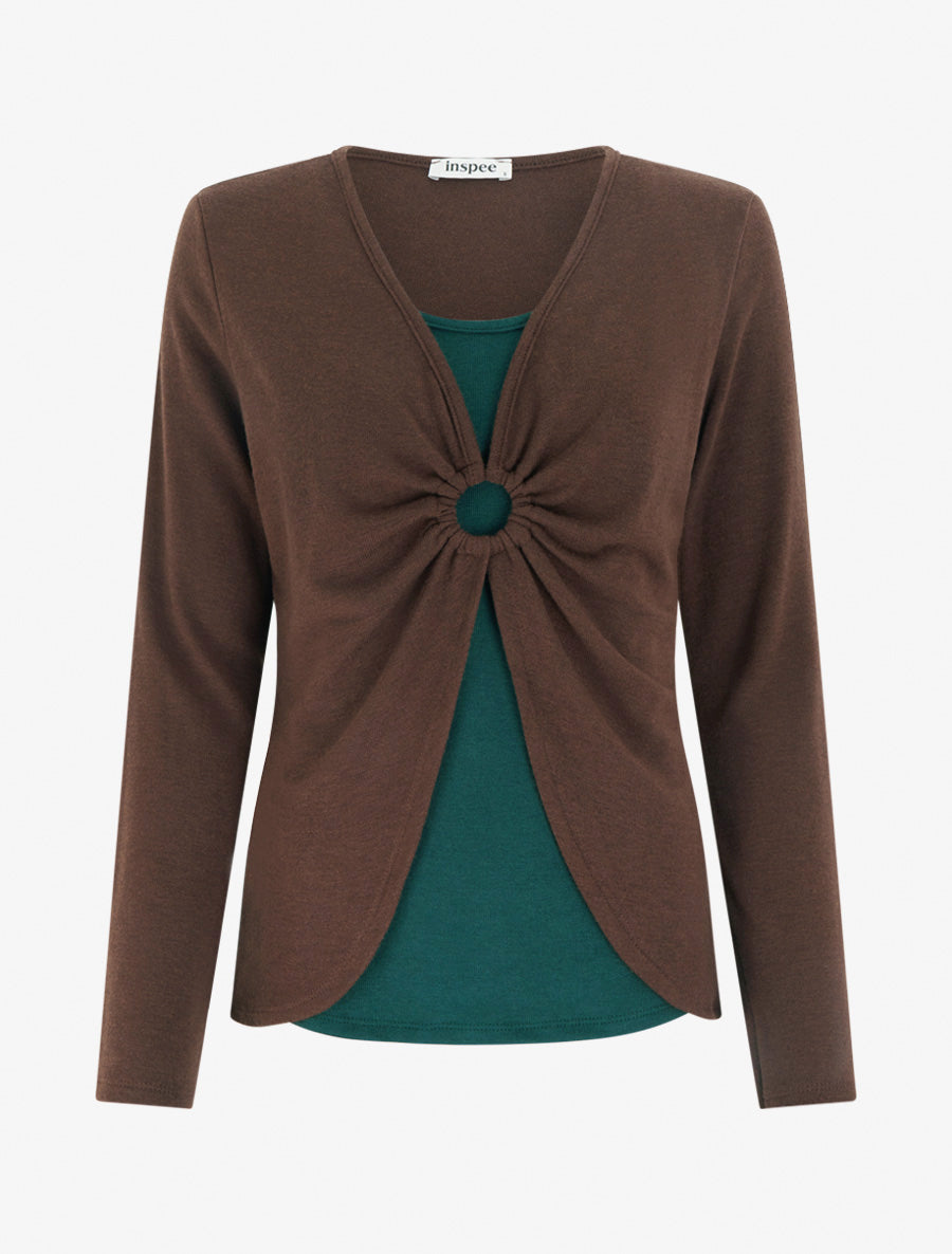 Pull fin style gilet à manches longues et anneau - Marron/vert foncé - 1