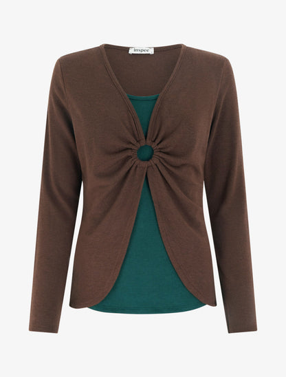 Pull fin style gilet à manches longues et anneau - Marron/vert foncé - 1