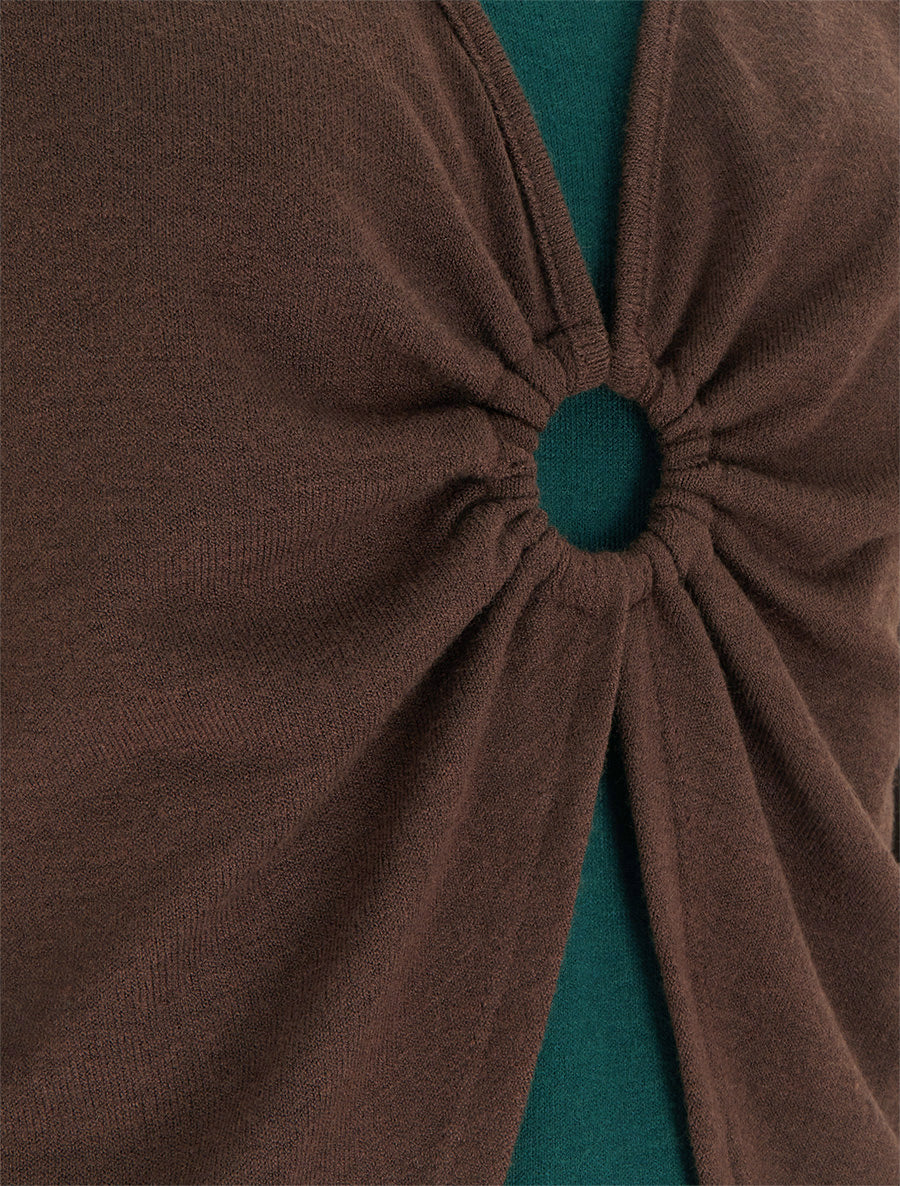 Pull fin style gilet à manches longues et anneau - Marron/vert foncé - 3