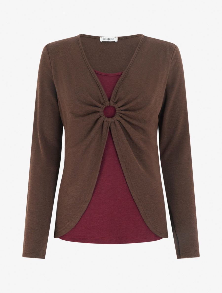 Pull fin style gilet à manches longues et anneau - Marron/bordeaux - 1