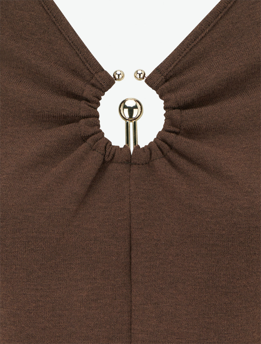 Pull fin à col V à bijou métal - Marron - 3