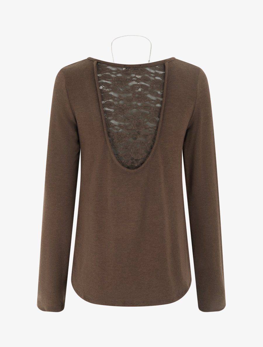 Pull coupe droite à dos en dentelle - Marron - 2