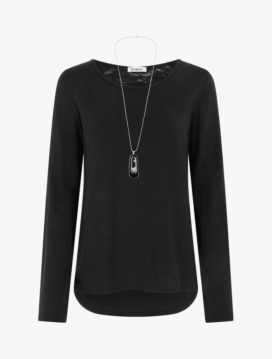 Pull coupe droite à dos en dentelle - Noir - 1