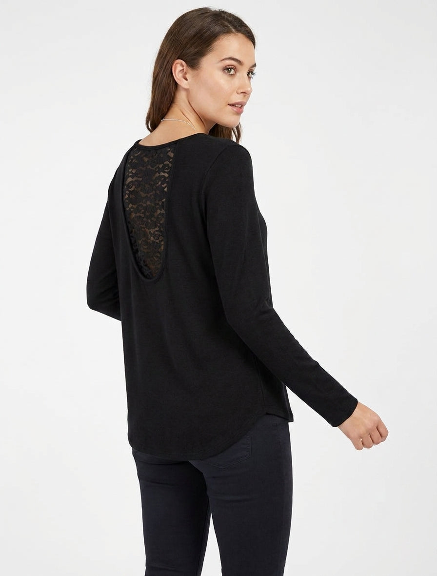 Jersey de corte recto con espalda de encaje - Negro