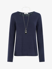 Pull coupe droite à dos en dentelle - Marine - 1