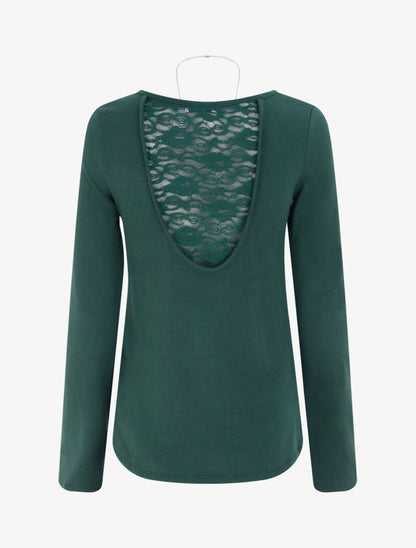 Pull coupe droite à dos en dentelle - Vert foncé - 2