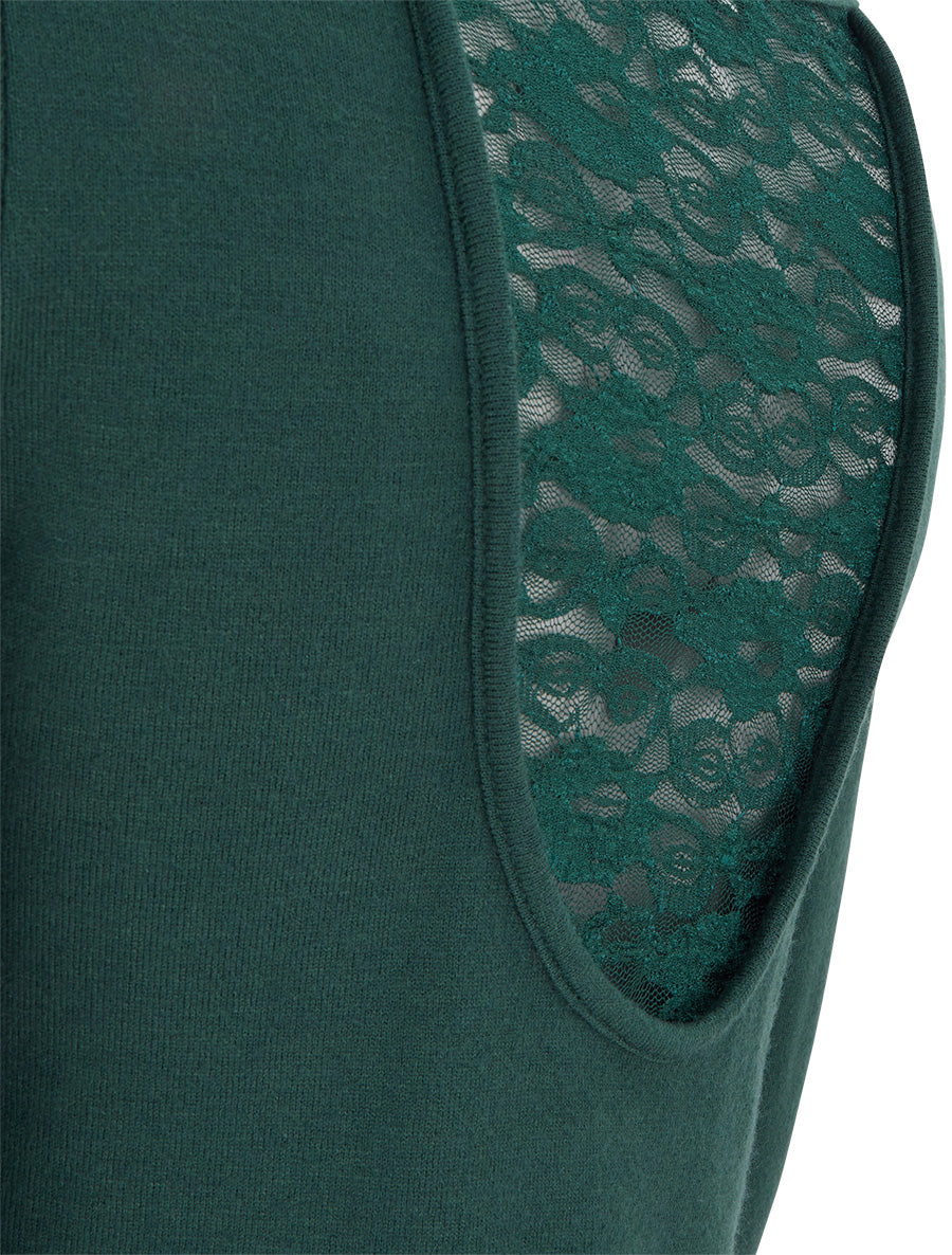 Pull coupe droite à dos en dentelle - Vert foncé - 3