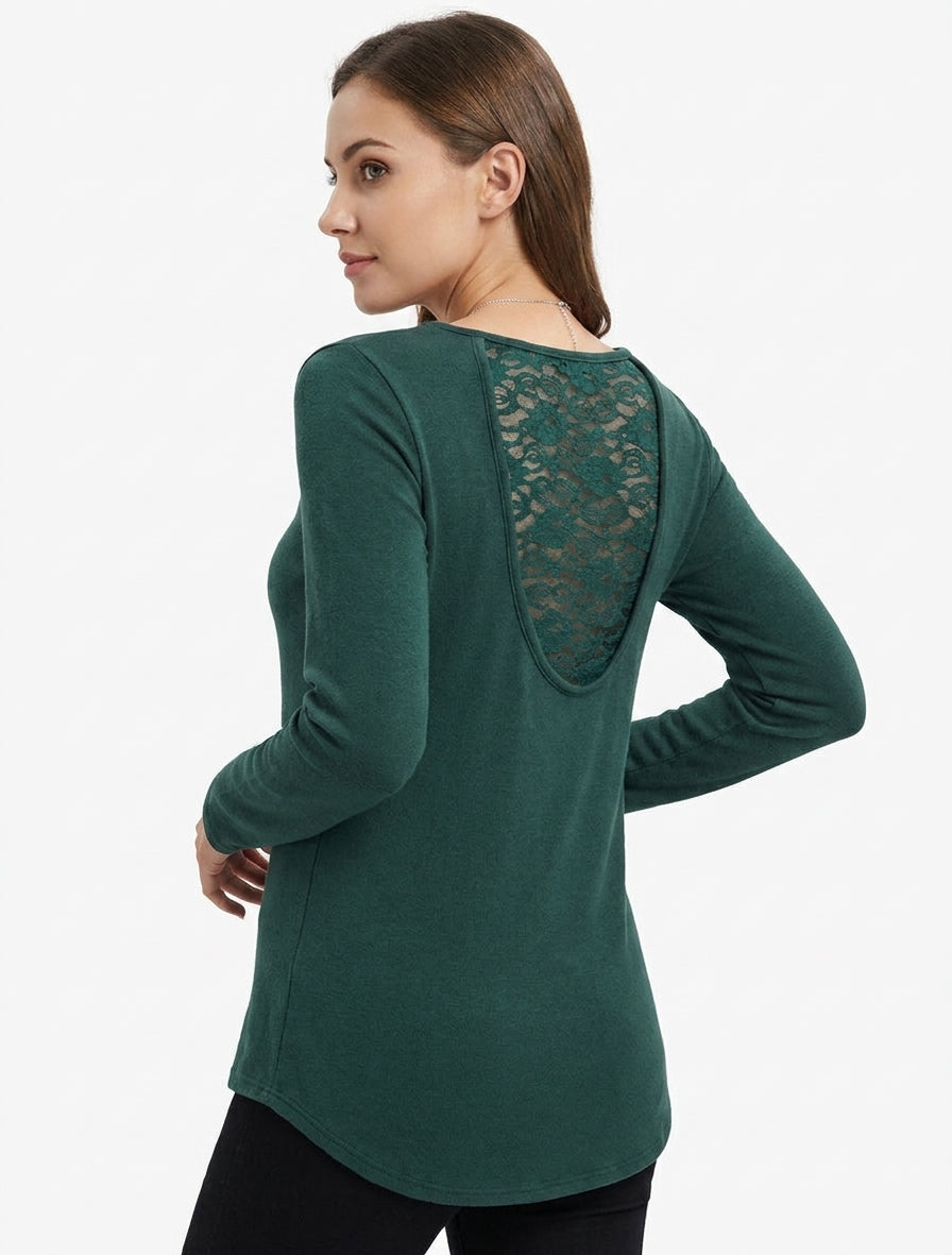 Jersey de corte recto con espalda de encaje. - Verde oscuro