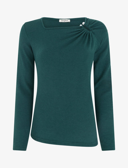 Pull fin droit à col carré à bijou perles - Vert foncé - 1