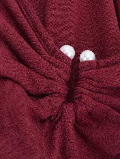 Pull fin droit à col carré à bijou perles - Bordeaux - 3
