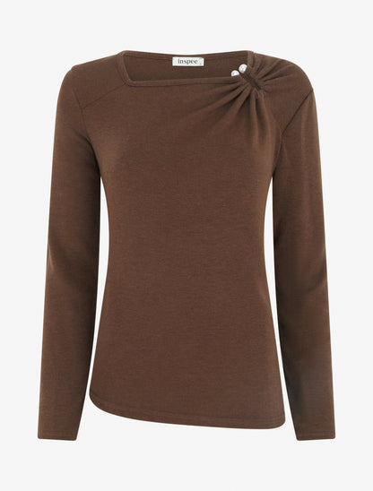 Pull fin droit à col carré à bijou perles - Marron - 1