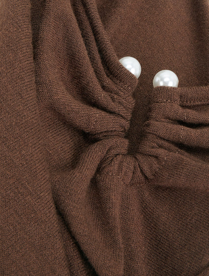 Pull fin droit à col carré à bijou perles - Marron - 3