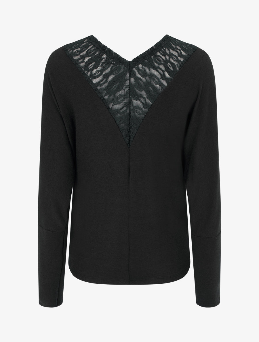 Pull à col bénitier et dos en V à dentelle - Noir - 2