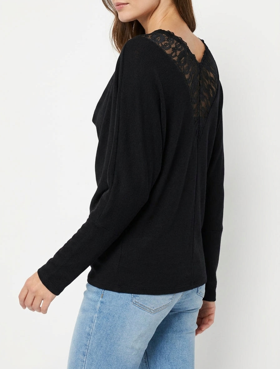 Suéter con cuello drapeado y espalda en V con encaje - Negro