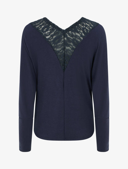 Pull à col bénitier et dos en V à dentelle - Marine - 2