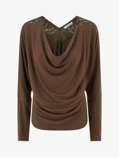 Pull à col bénitier et dos en V à dentelle - Marron - 1