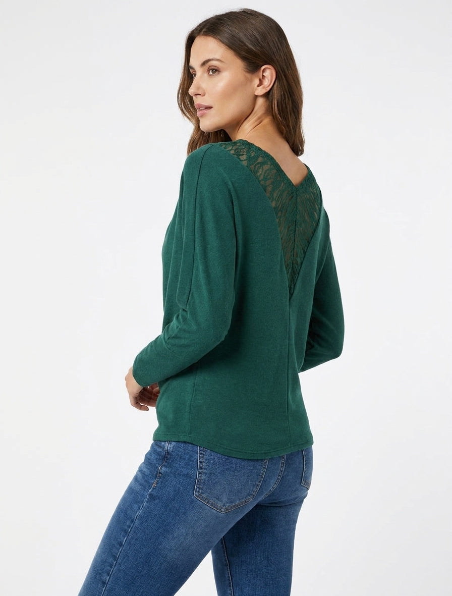 Suéter con cuello drapeado y espalda en V con encaje - Verde oscuro
