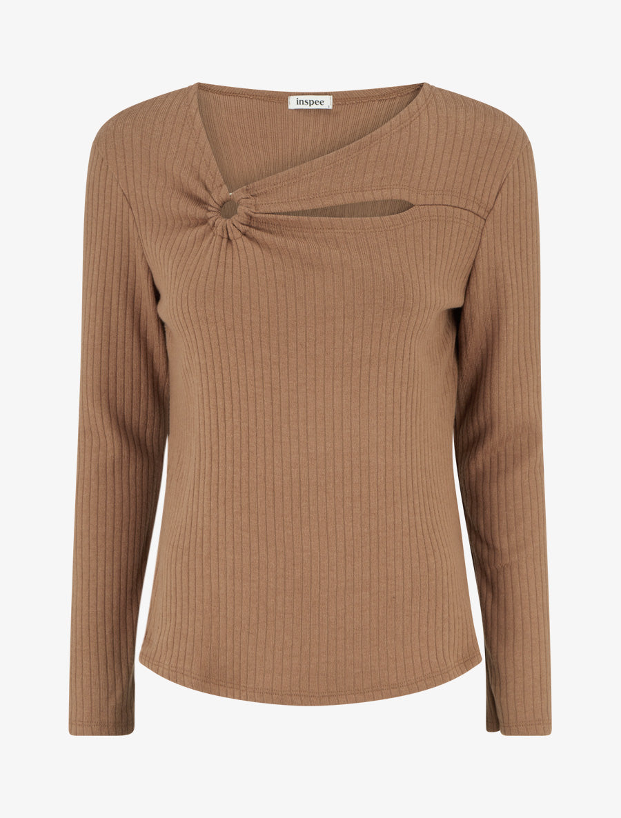 Pull côtelé à col asymétrique ajouré - Camel - 1