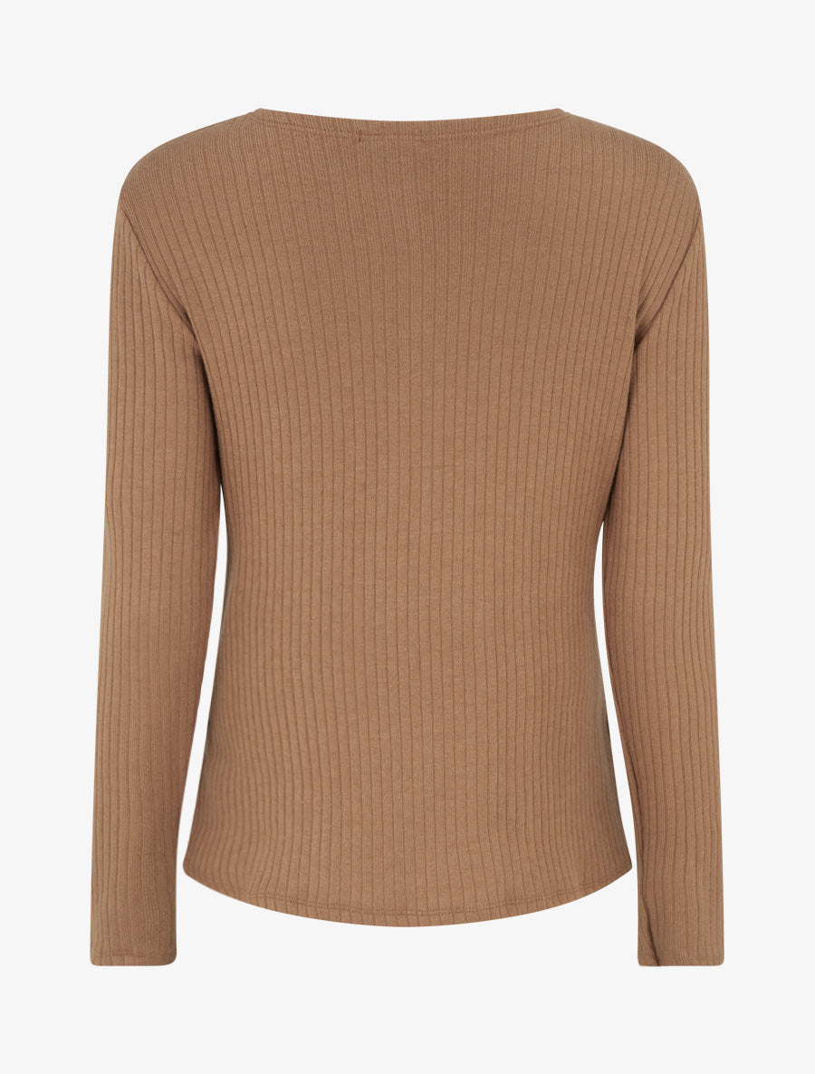 Pull côtelé à col asymétrique ajouré - Camel - 2