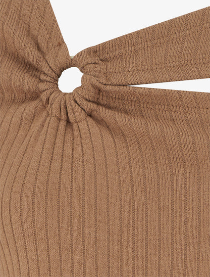 Pull côtelé à col asymétrique ajouré - Camel - 3