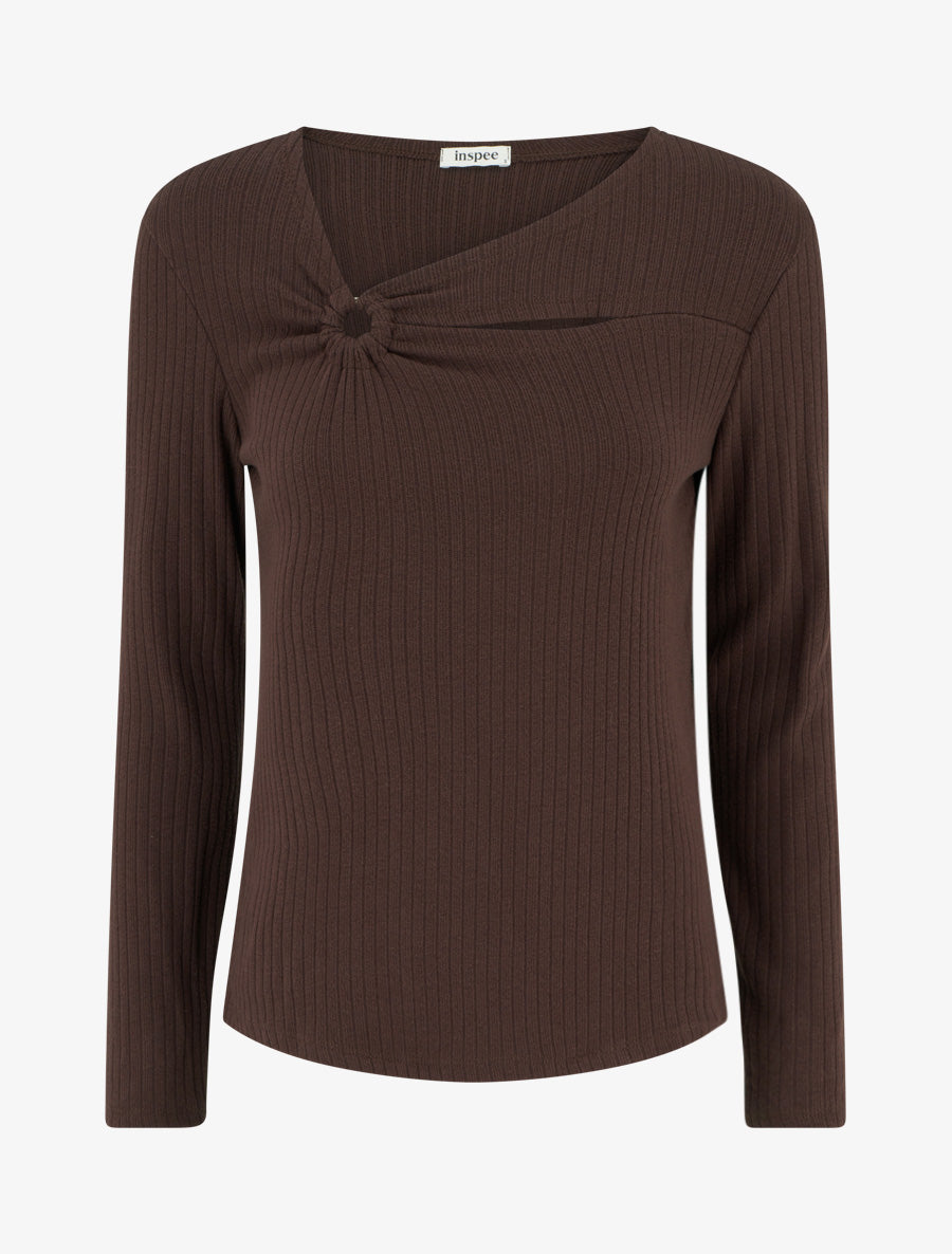 Pull côtelé à col asymétrique ajouré - Marron - 1