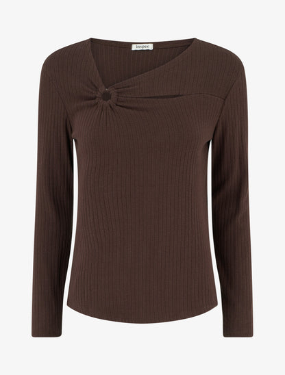 Pull côtelé à col asymétrique ajouré - Marron - 1