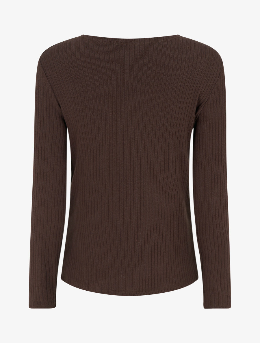 Pull côtelé à col asymétrique ajouré - Marron - 2