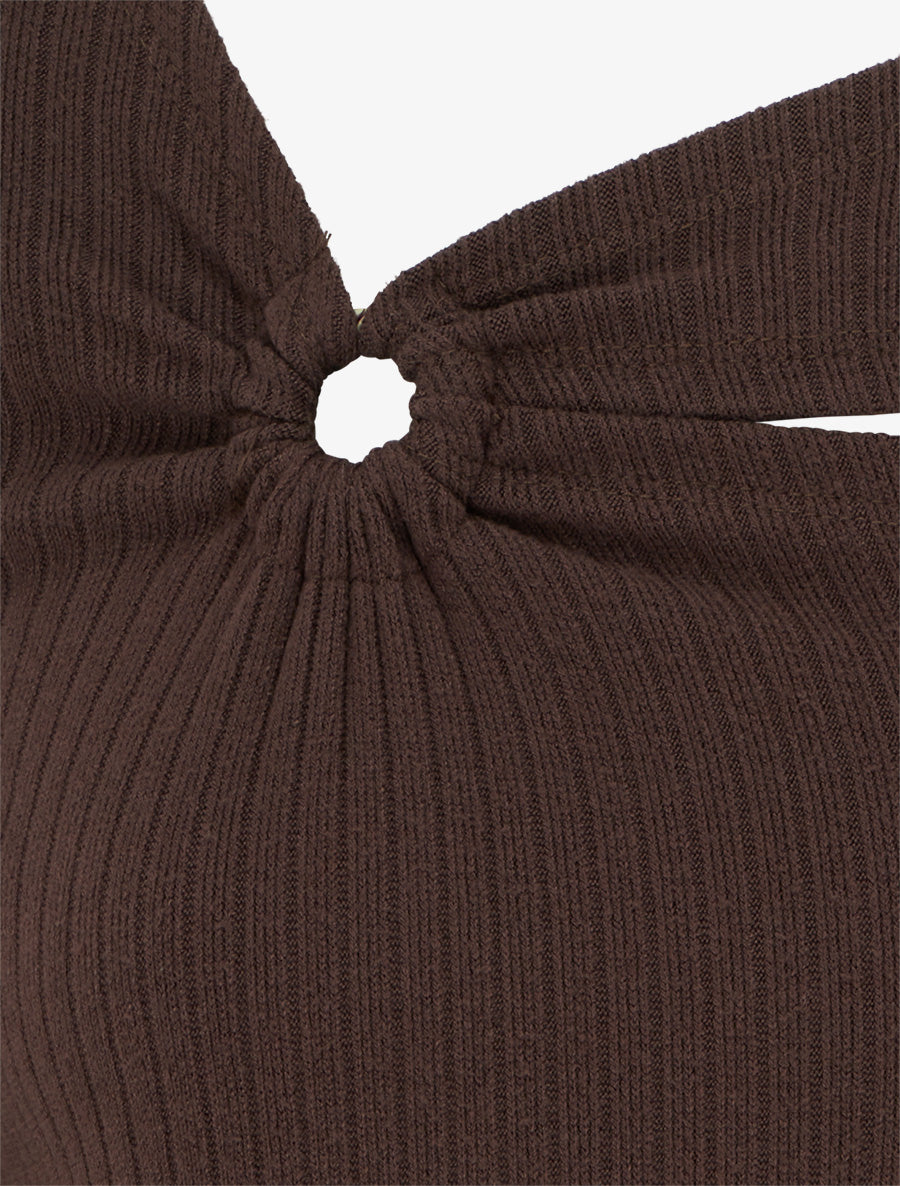 Pull côtelé à col asymétrique ajouré - Marron - 3