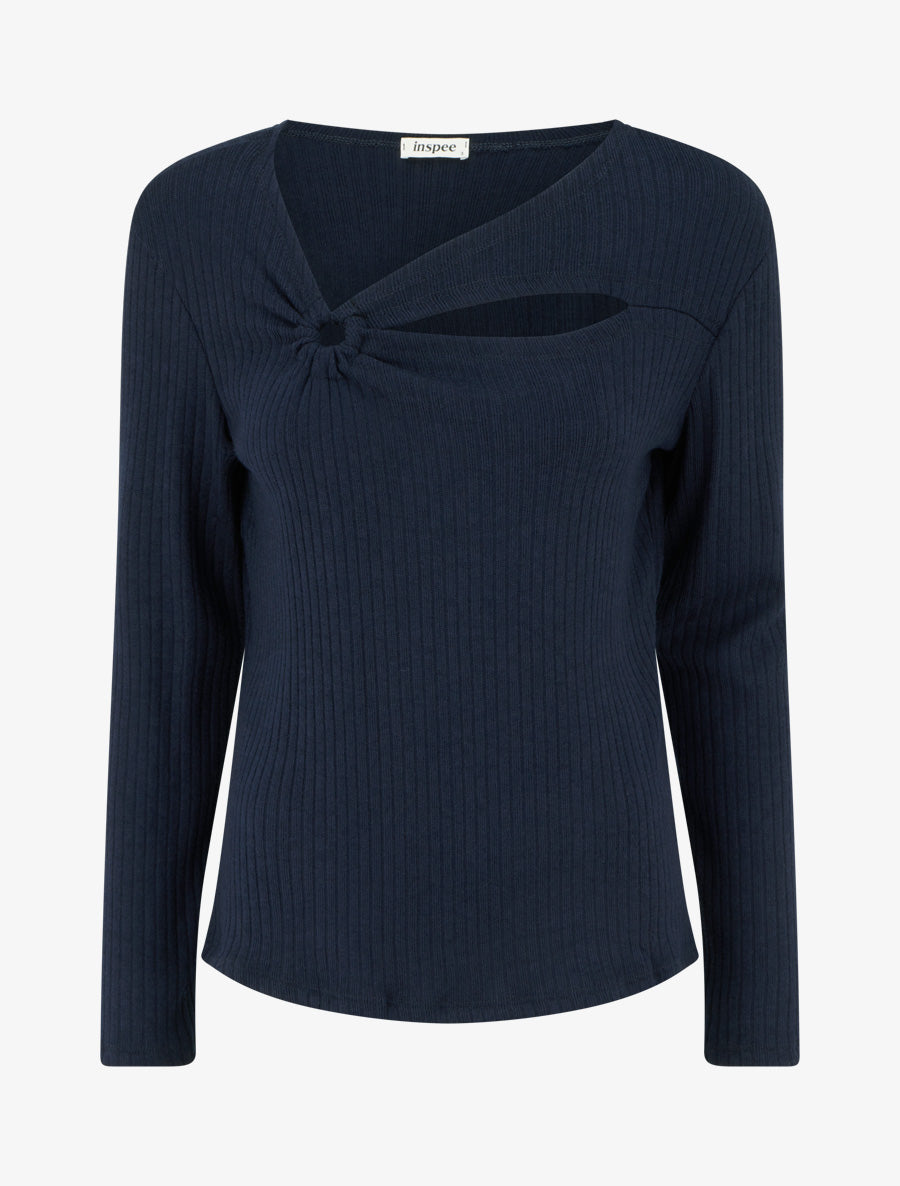 Pull côtelé à col asymétrique ajouré - Marine - 1