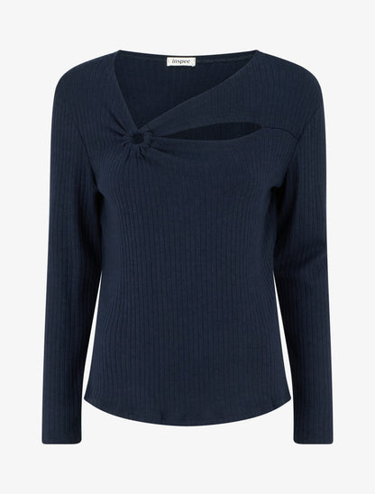 Pull côtelé à col asymétrique ajouré - Marine - 1