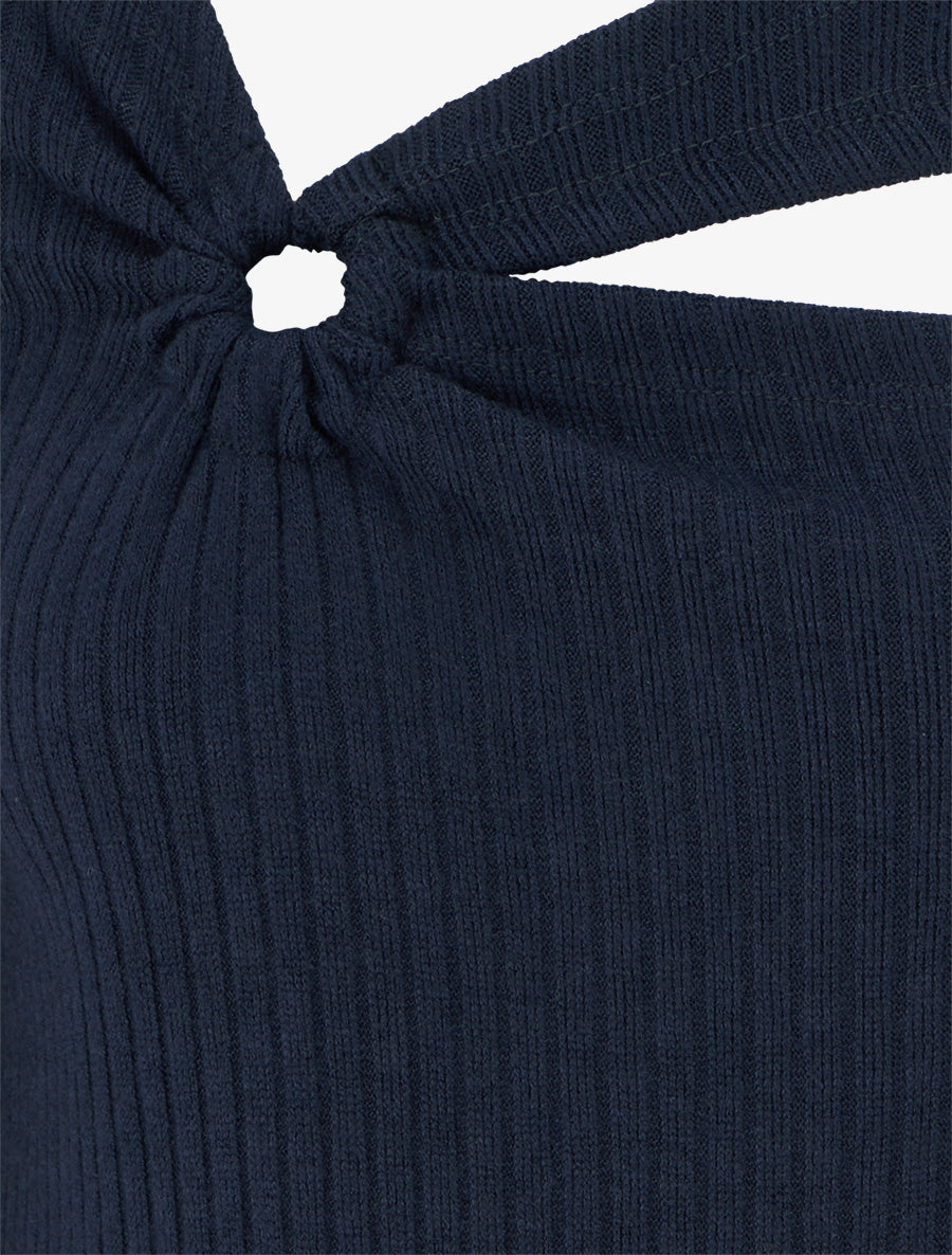 Pull côtelé à col asymétrique ajouré - Marine - 3