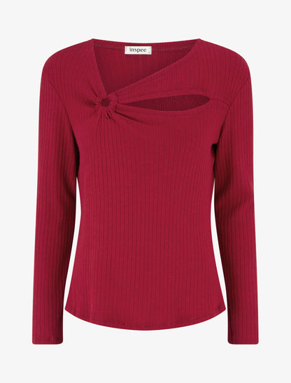 Pull côtelé à col asymétrique ajouré - Rouge - 1