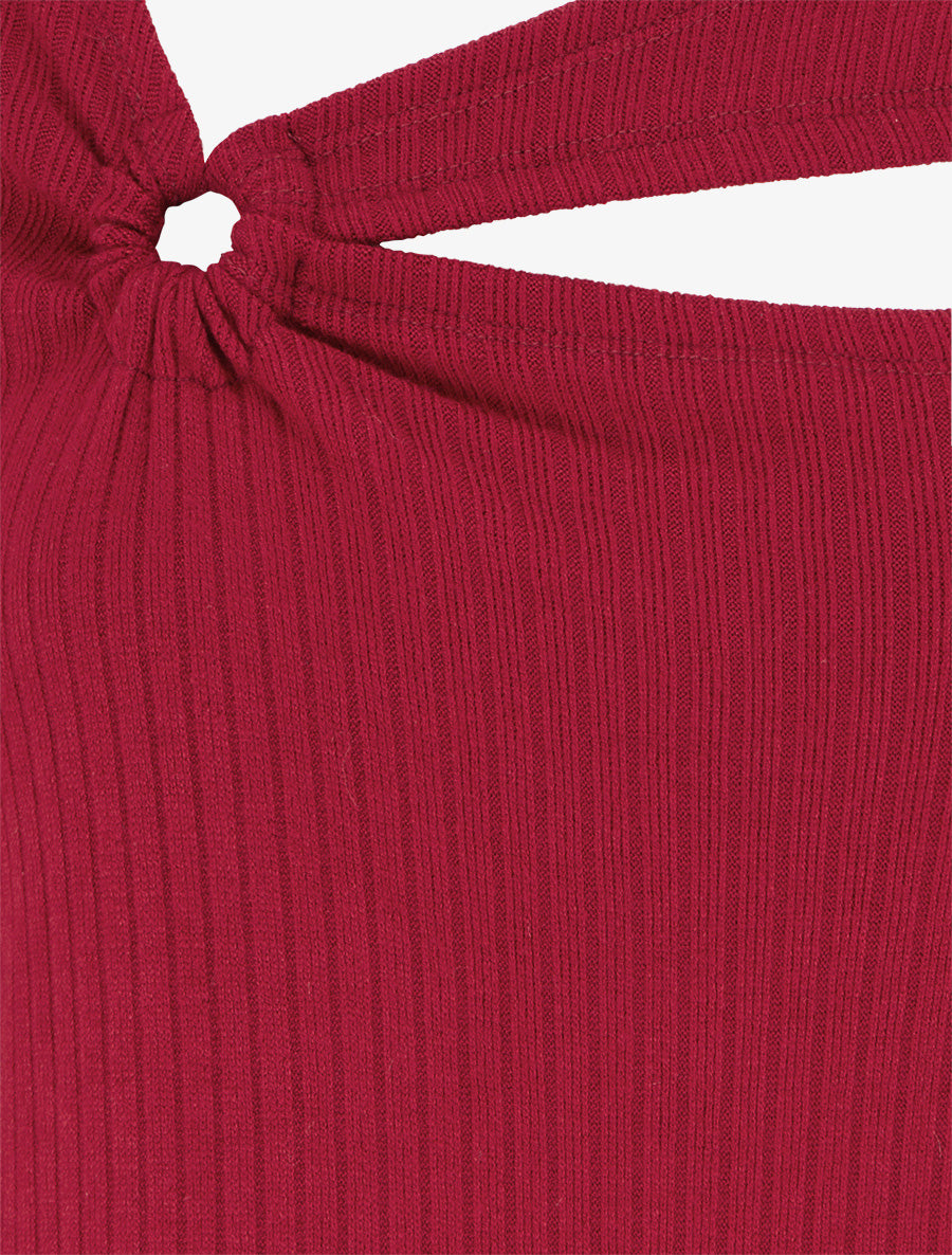 Pull côtelé à col asymétrique ajouré - Rouge - 3