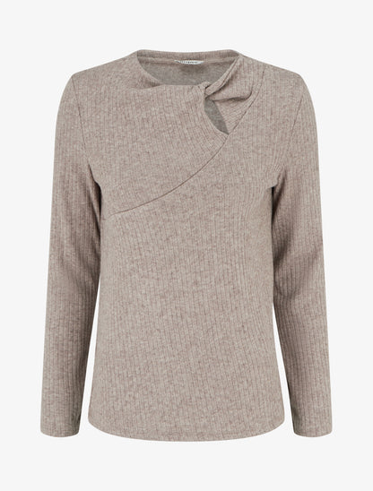 Pull côtelé à col rond torsadé - Taupe - 1