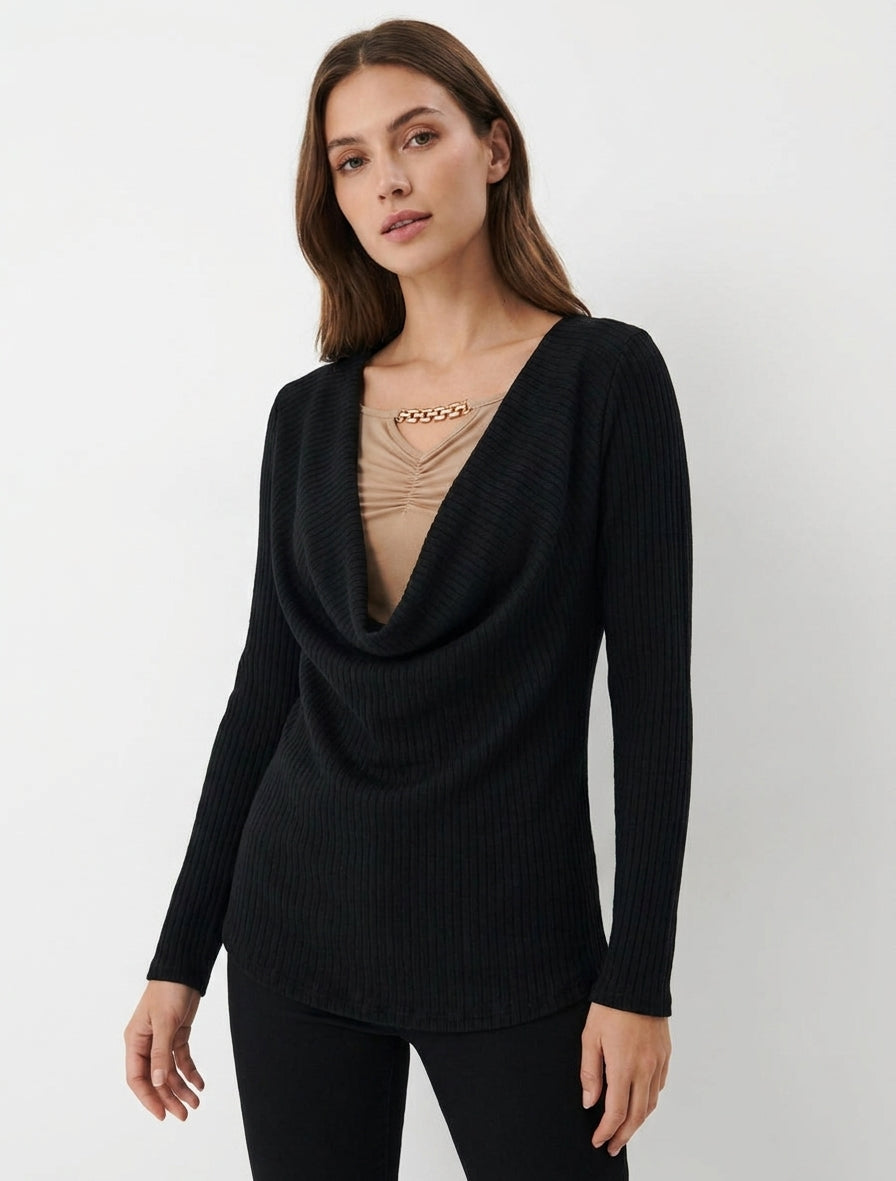 Suéter acanalado con cuello drapeado y joya - Negro
