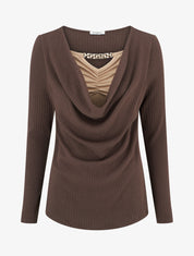 Pull côtelé à col bénitier et bijou - Marron - 1