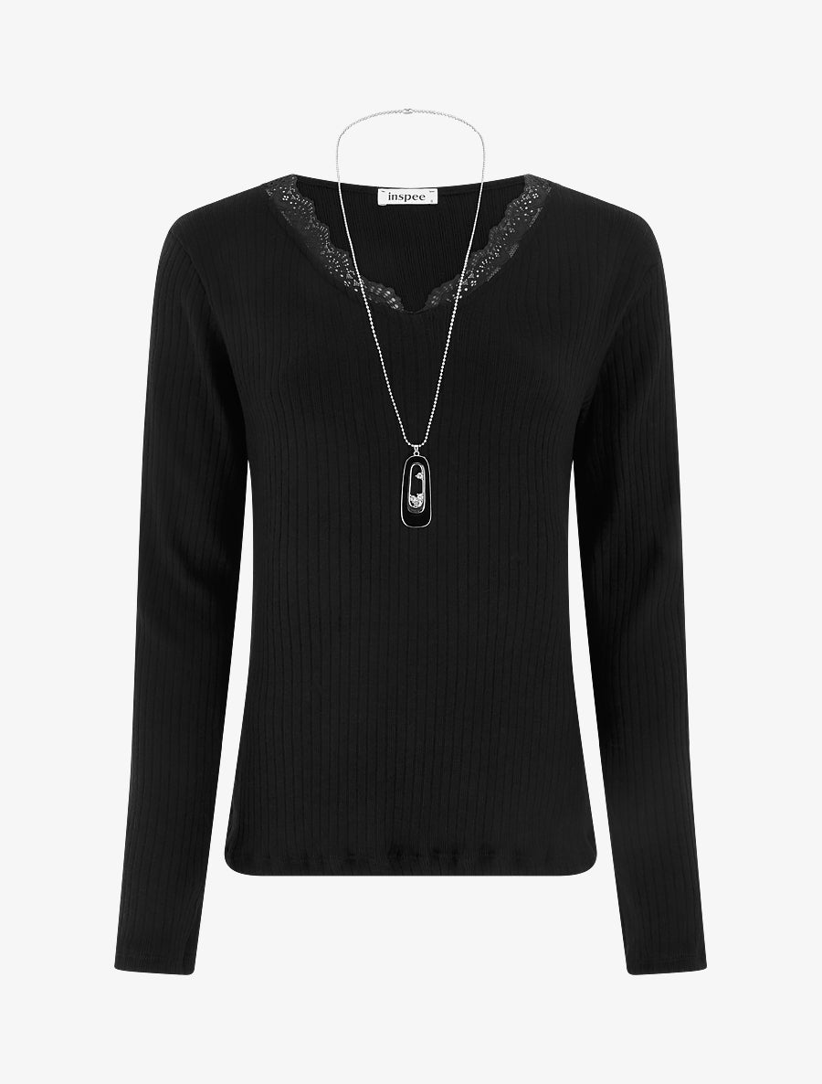 Pull côtelé à col V à dentelle - Noir - 1
